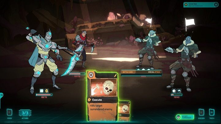 When you make your all opponents to panic, the execution card appears in your hands and a button in the lower right corner to accept enemys surrender. - 10 Key Starting Tips to Griftlands - Gameplay - Griftlands Guide