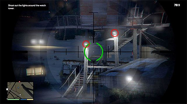 The next step is destroying the two lamps marked in the above screenshot, and you need to do that before the incoming car comes within short distance of the person you have just shot - GTA 5: Nervous Ron walkthrough - Main missions - GTA 5 Guide