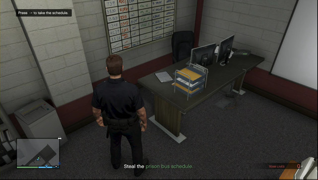 The schedule is on the desk in the corner - you only need to pick it up and leave, without being seen - GTA Online: Heist 2: Prison Break - Heists (DLC) - GTA 5 Guide