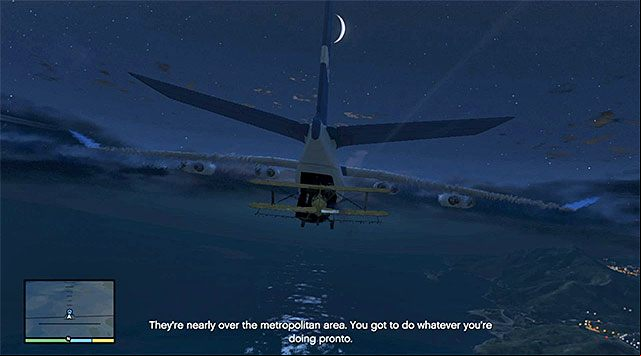 Wait until the moment when you receive a piece of information of the sufficient distance from the military base, at which point you can start going up to come near the cargo plane - GTA 5: Minor Turbulence walkthrough - Main missions - GTA 5 Guide