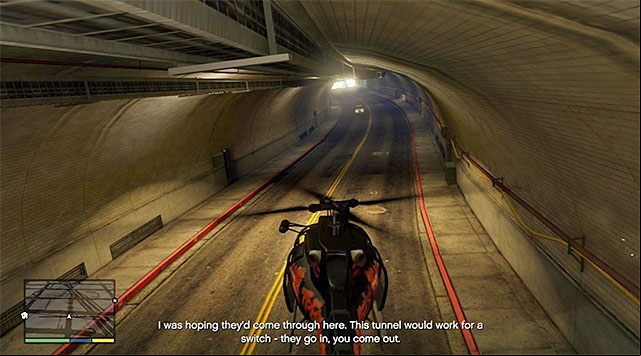 Towards the end of this phase, the vans will drive into a tunnel and, if you are planning on completing this mission in 100%, you need to fly into that tunnel also (the above screenshot) - GTA 5: Surveying the Score walkthrough - Main missions - GTA 5 Guide