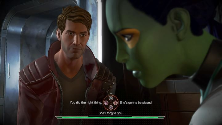 Finally, Peter will approach Gamora, who has been busy talking to a shady figure - Knowhere - celebrating victory | Episode 1 - Tangled Up in Blue - Episode 1 - Tangled Up in Blue - Marvels Guardians of the Galaxy: The Telltale Series Game Guide