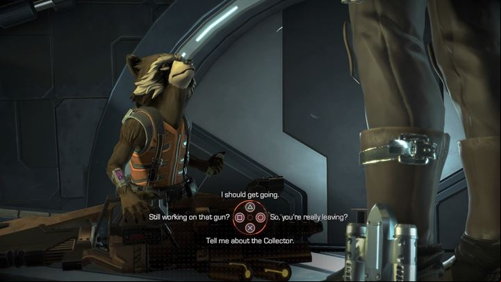Switch to the opposite direction and near Thanos body to find Ratchet - Back on the ship | Episode 1 - Tangled Up in Blue - Episode 1 - Tangled Up in Blue - Marvels Guardians of the Galaxy: The Telltale Series Game Guide