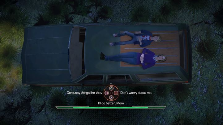 After a moment, Peters mom will stop the car, and youll finish your conversation while staring at the stars - Flashback - car scene | Episode 1 - Tangled Up in Blue - Episode 1 - Tangled Up in Blue - Marvels Guardians of the Galaxy: The Telltale Series Game Guide