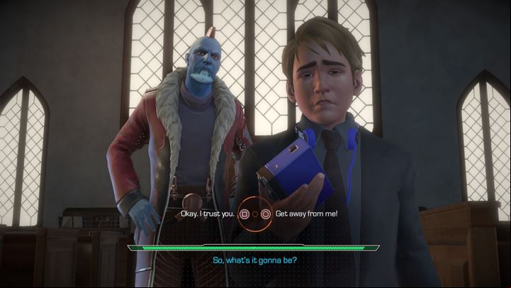 The flashback takes us to a church in which Peter mourns his deceased mother - Flashback - church scene | Episode 1 - Tangled Up in Blue - Episode 1 - Tangled Up in Blue - Marvels Guardians of the Galaxy: The Telltale Series Game Guide