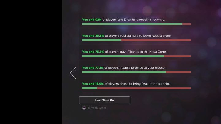 You can see how well youve fared against other players during the epilogue - Flashback - church scene | Episode 1 - Tangled Up in Blue - Episode 1 - Tangled Up in Blue - Marvels Guardians of the Galaxy: The Telltale Series Game Guide
