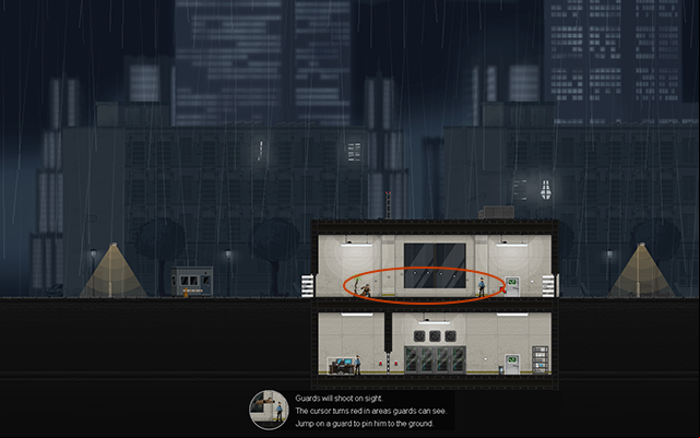 In the next mission you will appear right next to a small building, and you will notice two Normal Guards inside it - #2 - Rooke: Guarded - Walkthrough - Gunpoint - Game Guide and Walkthrough
