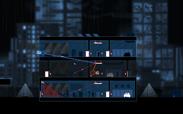 Now go into the Crosslink Mode and disconnect the light switch on the first floor (marked as number 1 on the picture above) and the light switch on the second floor connect to the lamp on the first floor (marked as number 2 on the picture above) - #5 - Rooke: Three for All - Walkthrough - Gunpoint - Game Guide and Walkthrough