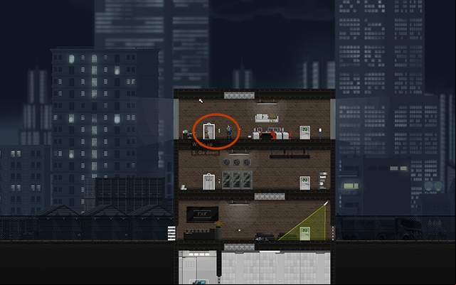 Now you're very close to the Circuit Box but notice, that the last Enforcer is facing its way - #7 - Gessler: Industrial Esponage - Walkthrough - Gunpoint - Game Guide and Walkthrough
