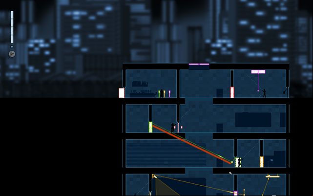 Now connect the green motion detection door with the closed door on the floor below - #9 - Rooke: The Prototype - Walkthrough - Gunpoint - Game Guide and Walkthrough