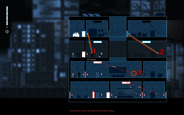 Now connect the light switch (1) with the activation of the door on the floor above and do the same with the light switch (2) by connecting it to the door on the right - #10 - Collins: the recording - Walkthrough - Gunpoint - Game Guide and Walkthrough