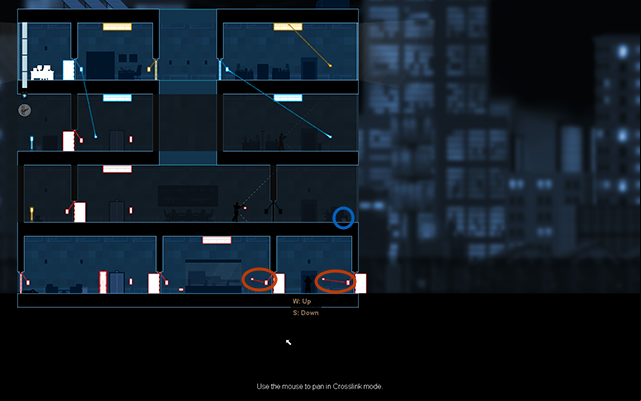 Move to the right side of the floor and connect both of the light switches with both of the activation s (like on the picture above), and then press them both - #10 - Collins: the recording - Walkthrough - Gunpoint - Game Guide and Walkthrough