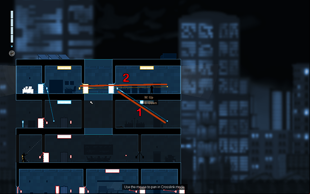 Connect the light switch with the activation of the blue door (1) and the second light switch with the other activation of the yellow door (2) and press them both - #10 - Collins: the recording - Walkthrough - Gunpoint - Game Guide and Walkthrough