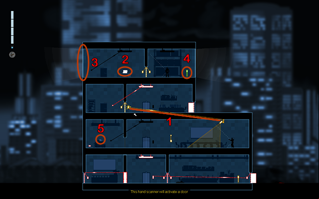 Get in the Crosslink Mode and connect the camera with the activation of the yellow door on the floor above (1) - #11 - Gessler: Acquisitons - Walkthrough - Gunpoint - Game Guide and Walkthrough