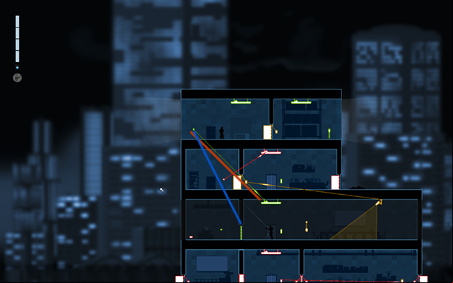 In Crosslink Mode connect the green light switch with the lamp located two floors below (marked with a green line on the picture above) and press it, and then the same light switch connect to the closed door on the same floor (marked with the blue line on the picture above) - #11 - Gessler: Acquisitons - Walkthrough - Gunpoint - Game Guide and Walkthrough
