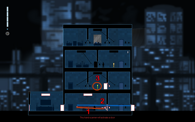 Get in the Crosslink Mode and connect the light switch with the activation of the closed door (1), press the light switch and then do the same with the next door (2) and open them as well - #12 - Anonymous: The Collins Case - Walkthrough - Gunpoint - Game Guide and Walkthrough