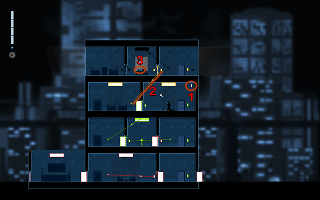 Jump on the wall on the right and climb up to the camera from which you have to take the tape (1) - #12 - Anonymous: The Collins Case - Walkthrough - Gunpoint - Game Guide and Walkthrough