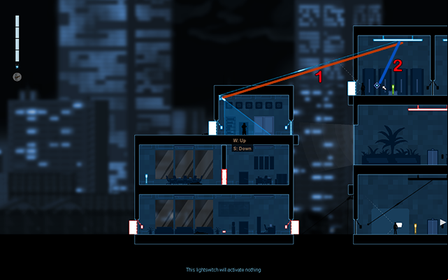 Connect the camera to the lamp located on the highest floor of the building (1) and disconnect the light switch from the same lamp (2) - #13 - Rooke: The Trace - Walkthrough - Gunpoint - Game Guide and Walkthrough