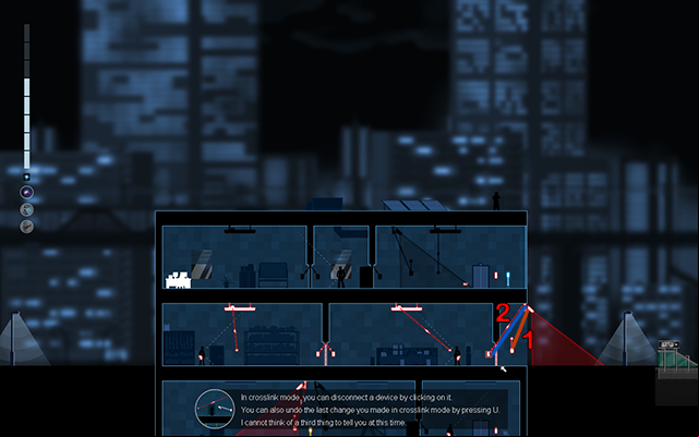 Jump on the roof of the building, stand close to the ledge on the right side and disconnect the camera from the alarm (1), and then connect it to the activation of the door right next to it (2) - #17 - Rooke: The Plant - Walkthrough - Gunpoint - Game Guide and Walkthrough