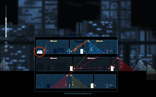 Disconnect the blue camera from the alarm, and then connect it to the activation of the closed door on the left - #17 - Rooke: The Plant - Walkthrough - Gunpoint - Game Guide and Walkthrough