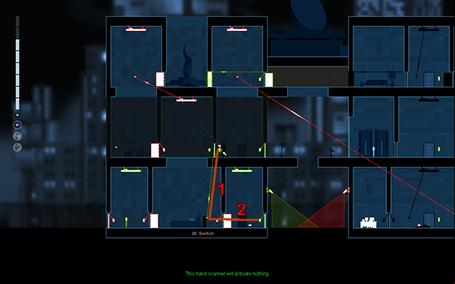 Now you have to trap the Enforcer in one room, so connect the light switch with the activation of the door on the floor above (1) and wait until the Enforcer steps in that room - #18 - A choice (Jackson: The Truth lub Rooke: The Killer) - Walkthrough - Gunpoint - Game Guide and Walkthrough