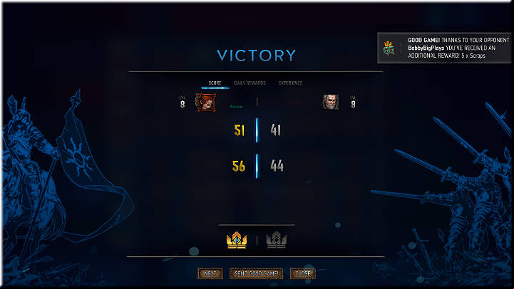 After the match has ended, the game displays the result and then counts the acquired experience points and gives players their daily awards for the won rounds - Course of The Game | Gameplay Basics - Gameplay Basics - Gwent: The Witcher Card Game Guide