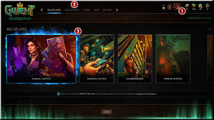 1 - Main Menu and Game Modes | Gameplay Basics - Gameplay Basics - Gwent: The Witcher Card Game Guide