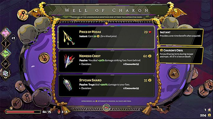 Here's an interesting fact - one of the purchasable items in Charon's Well can be obtaining money in return for some HP - Hades: Charons Obol, Nectar and Darkness - Basics - Hades Guide