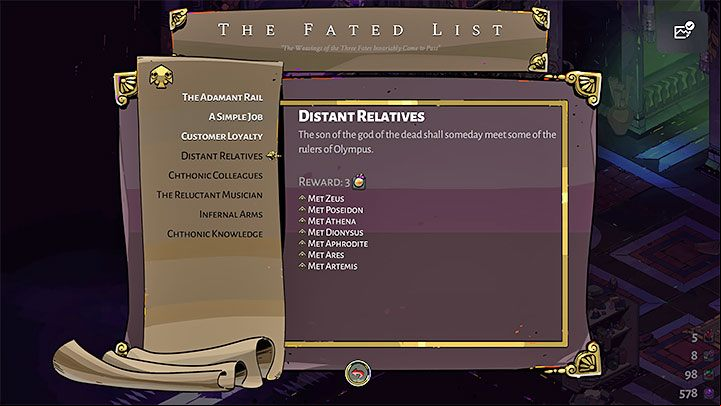 7) Fated List of Minor Prophecies - It's just a variety of challenges with very valuable prizes - Hades: Progress - what gets carried over? - FAQ - Hades Guide