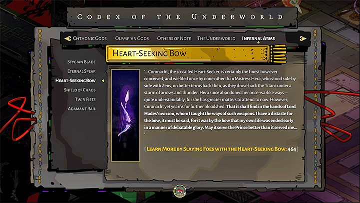 The Heart-Seeking Bow is a long-range weapon associated with the goddess Hera - Hades: Heart-Seeking Bow - In-game weapons - Hades Guide