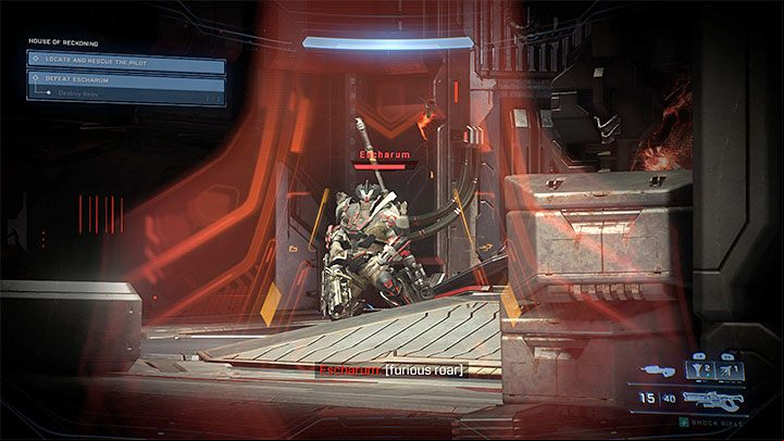 By default Escharum doesn't have a shield (this will change later - we've described it in more details later on), but despite that he's a very durable opponent and draining his red health bar is a lengthy process - Halo Infinite: Escharum - boss, how to defeat? - Bosses - Halo Infinite Guide