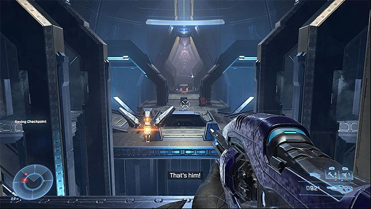 Dispose of the hunters in order to use the terminal and unlock the next door - Halo Infinite: Silent Auditorium - walkthrough - Main missions - Halo Infinite Guide