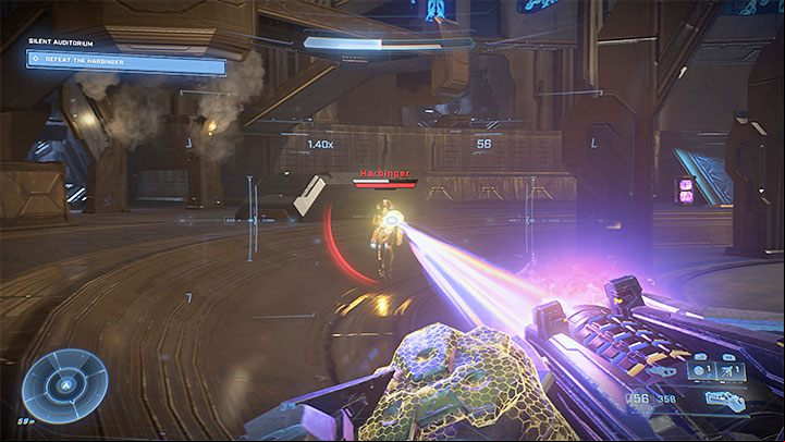 The enemy has a white shield bar and as you know well, you have to drain it completely in order to finally be able to start depriving the boss of the red health bar - Halo Infinite: Silent Auditorium - walkthrough - Main missions - Halo Infinite Guide