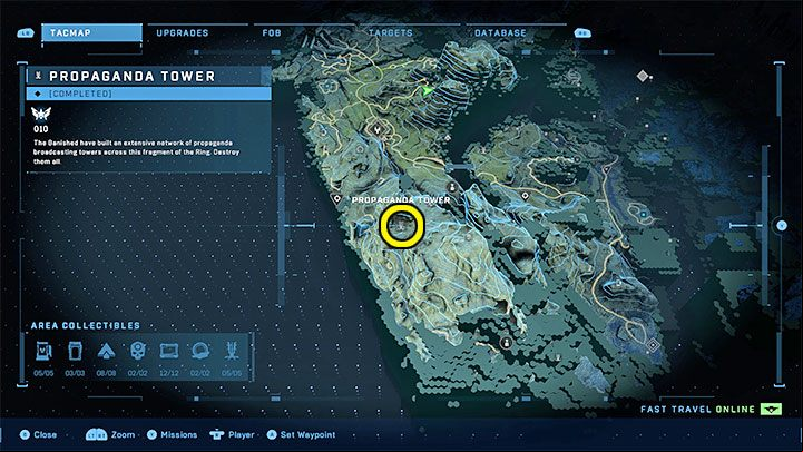 The tower is in the mountains, in the south-western part of the region - Halo Infinite: Propaganda towers (Lockdown) - Lockdown - Halo Infinite Guide