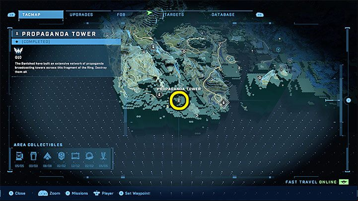 The tower is in a deserted area in the southern part of the region - Halo Infinite: Propaganda towers (Lockdown) - Lockdown - Halo Infinite Guide