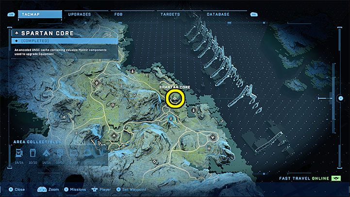 The core is located in the north-eastern part of the region, near the FOB Bravo camp - Halo Infinite: Mjolnir Armory and Spartan Cores (Connections) - Connections - Halo Infinite Guide