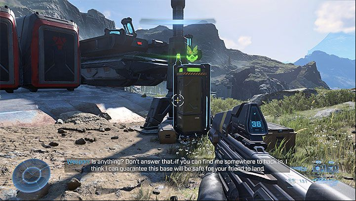 A locker with a cosmetic item (multiplayer mode only) is located next to the helipad - Halo Infinite: Outpost Tremonius (Ringfall) - collectibles, Spartan Cores, Audio Logs - Fallout - Halo Infinite Guide