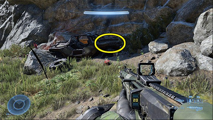 The sought audio log is hidden in the trunk of a wrecked vehicle (screenshot above) - Halo Infinite: Armory of Reckoning (Connections) - collectibles, Spartan Cores, Audio Logs - s - Halo Infinite Guide