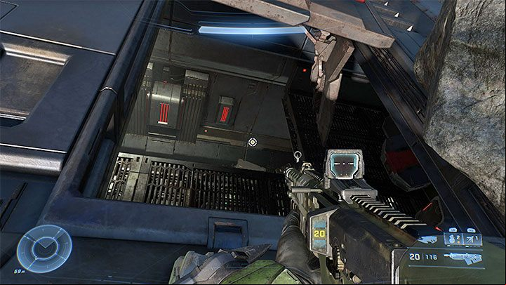 Master Chief can't squeeze through the door but you can reach the core through a hole in the roof - Halo Infinite: Horn of Abolition (Connections) - collectibles, Spartan cores, Audio Logs - Connections - Halo Infinite Guide