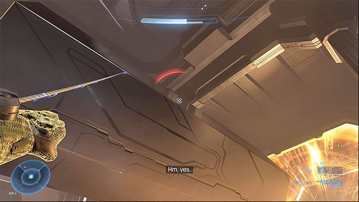 Wait for a good moment to grapple yourself to the moving container - you must, obviously, use the grappleshot - Halo Infinite: Mythic, 3th. skull (Command Spire) - where to find? - Skulls - Halo Infinite Guide