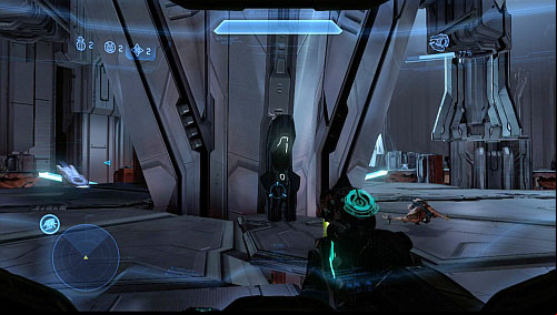You get on a platform in front of the target, with ages on left and right - Terminal 5 - Shutdown - Halo 4 - Game Guide and Walkthrough
