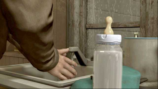 Notice the bottle of milk while you wash blood off your hands - Nathaniel & Suicide Baby | Heavy Rain Walkthrough - Walkthrough - Heavy Rain Guide
