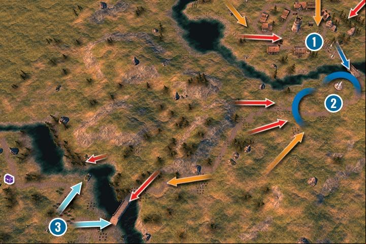 The scenario begins in the village (1), where you have three Militia units and two Crossbowmen units - Mission 6 - Escape | Campaign - Human Campaign - Hex Commander Game Guide