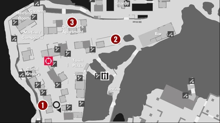 Location of the musicians is shown in the picture above - Hitman 2: Missing musicians - where are they? Three-Headed Serpent walkthrough - Three-Headed Serpent (Santa Fortuna) - Hitman 2 Guide