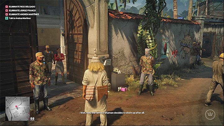 Reach the Martinez building in the village and meet with the Andrea - Hitman 2: Story Missions - Three-Headed Serpent walkthrough - Three-Headed Serpent (Santa Fortuna) - Hitman 2 Guide