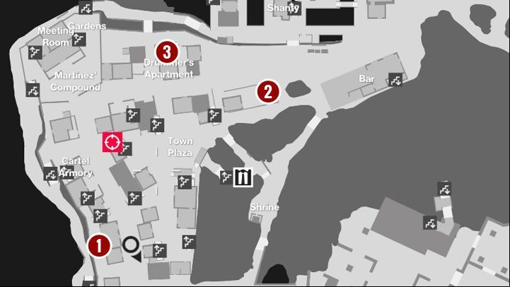 Your next task is to find three missing band - they are in the places marked on the map in the picture above - Hitman 2: Story Missions - Three-Headed Serpent walkthrough - Three-Headed Serpent (Santa Fortuna) - Hitman 2 Guide