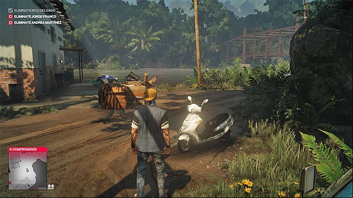 The motorcycle is parked next to the bar - Hitman 2: Leaving the Santa Fortuna - Three-Headed Serpent walkthrough - Three-Headed Serpent (Santa Fortuna) - Hitman 2 Guide