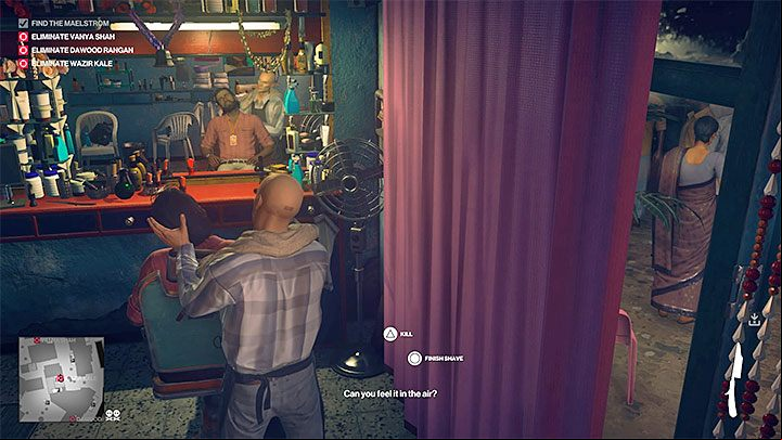Wait for the Maelstrom to sit in the chair and start shaving - Hitman 2: Story Missions - Chasing a Ghost walkthrough - Chasing a Ghost (Mumbai) - Hitman 2 Guide