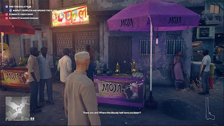 The best way is to start this mission in a food vendor outfit (the reward for reaching Mastery level 11 in Mumbai) - Hitman 2: Assassinating the Maelstrom - Chasing a Ghost walkthrough - Chasing a Ghost (Mumbai) - Hitman 2 Guide