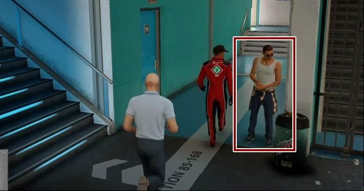 The guy wearing the tank top has a VIP card on him and is an easy target. - Hitman 2: Challenges, Exploration - The Finish Line walkthrough - The Finish Line (Miami) - Hitman 2 Guide